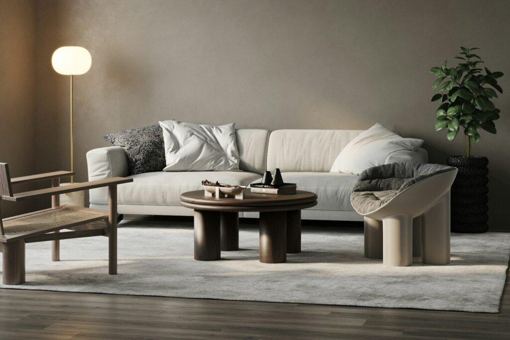 a living room with a couch, chair and table